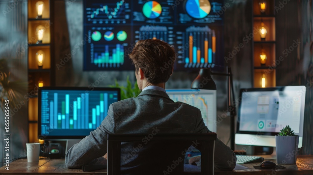 Poster a businessman in a suit studying financial graphs and charts in a modern office setting
