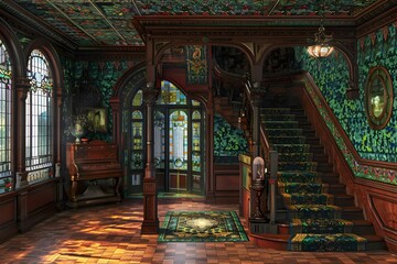Obraz premium Vintage Interior Design with Stained Glass Windows and Staircase