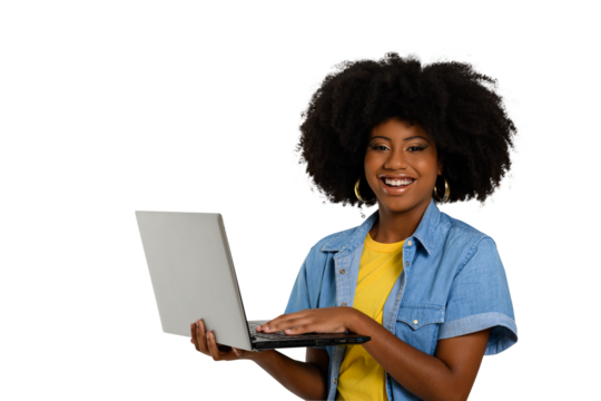 woman holding laptop computer typing on keyboard looking at camera, black woman
