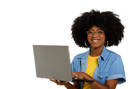 woman holding laptop computer typing on keyboard looking at camera, black woman
