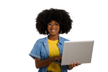 woman holding laptop computer typing on keyboard looking at camera, black woman
