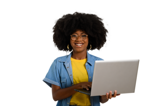 woman holding laptop computer typing on keyboard looking at camera, black woman
