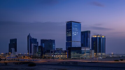 Fototapeta premium A city at night with a large building in the background. The sky is dark and the city is lit up with lights