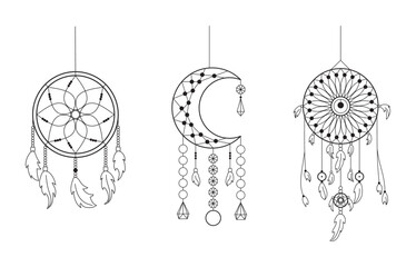 Set of dream catchers in circle, moon shapes with feathers in one line style isolated on white background for icons, stickers, posters, wallpapers