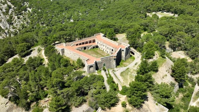 High Angle Aerial View of Military Fort Faron in Toulon - Sunny Day