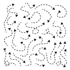 Sets of black drawing arrows and icons in white background. Curve Dotted arrow line in vector collection.  Clean and clear dot arrows style doodle set hand drawn. 