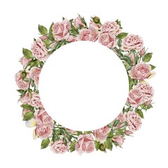 Wreath of vintage pink roses. Perfect wedding stationary, greetings, fashion, background. For fabric textile design or Product packaging