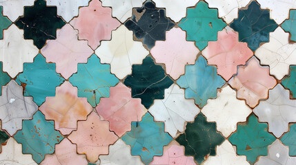 Old Tile (Hatim Pattern) Blue White Green Pink Vintage Mediterranean (Moroccan Zellige) Style Ornament. Wallpaper Backdrop Background Illustration Design. Kitchen Bathroom Tiles  
