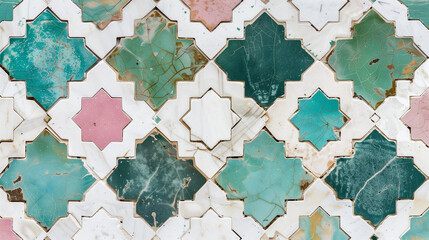 Old Tile (Hatim Pattern) Blue White Green Pink Vintage Mediterranean (Moroccan Zellige) Style Ornament. Wallpaper Backdrop Background Illustration Design. Kitchen Bathroom Tiles  