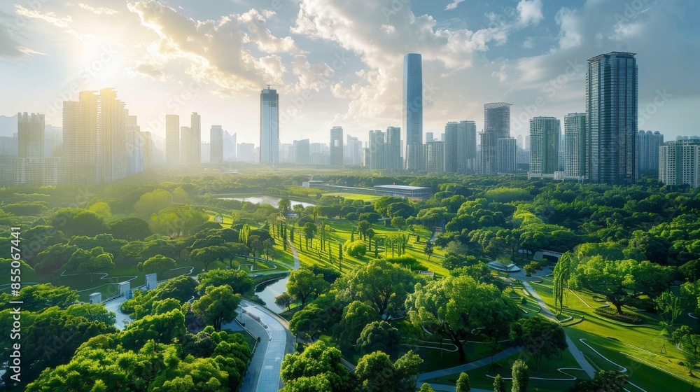 Wall mural A cityscape with skyscrapers surrounded by lush green parks, blending nature with urban architecture