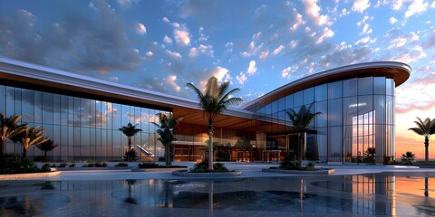 futuristic office building with glass walls and palm trees