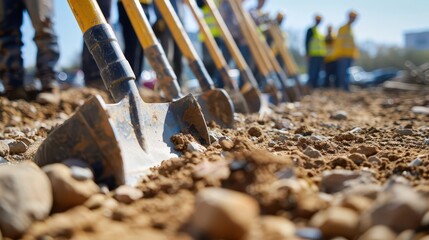 construction site groundbreaking ceremony with shovels and hardhats industrial background