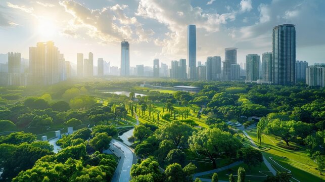 A cityscape with skyscrapers surrounded by lush green parks, blending nature with urban architecture