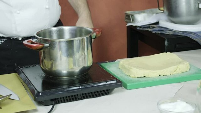 chef preparing panelle typical Sicilian Italian street fried food snack