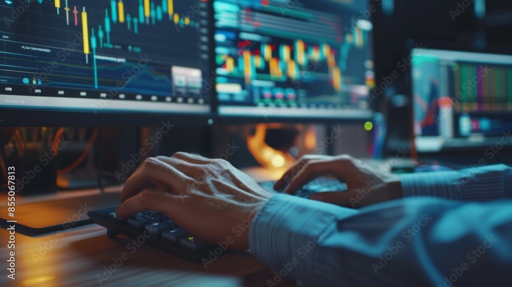 Poster A close-up of a financial analyst's hands typing on a keyboard, with financial graphs on the computer screen