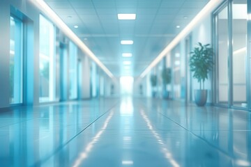 Beautiful panoramic image of a spacious office hallway with light blue blurred background, modern interior design, and bright natural lighting Copy space for text or logo