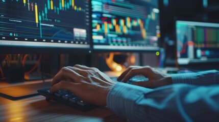 A close-up of a financial analyst's hands typing on a keyboard, with financial graphs on the computer screen