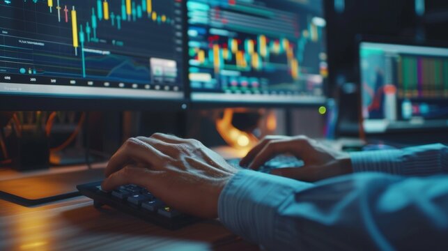 A close-up of a financial analyst's hands typing on a keyboard, with financial graphs on the computer screen
