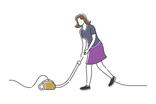 recommend clip art: woman vacuuming, doodle continuous line art vector illustration.