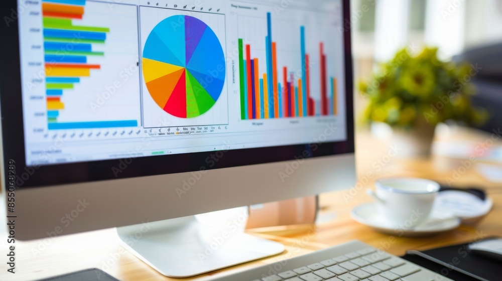 Fototapete A desktop computer screen showing a detailed financial report with pie charts and bar graphs