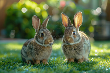 Fototapeta premium Young SoftCoated Rabbits in Shades of Brown on Grass