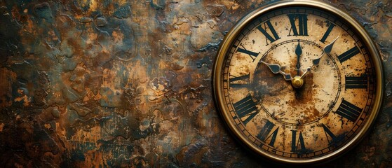 Naklejka premium Vintage clock face with Roman numerals on a textured, rusty background.