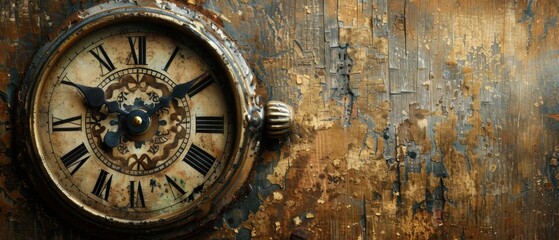 Obraz premium Vintage clock face with Roman numerals on a rustic wooden background