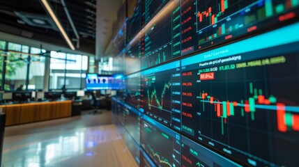 A digital screen in a financial trading room showing live updates of stock prices and market indices