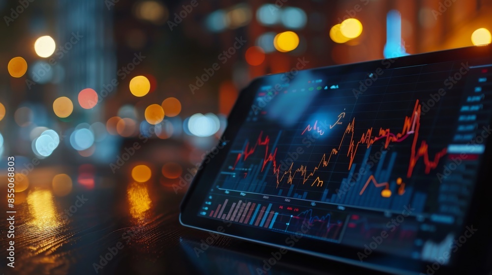 Poster A digital tablet displaying real-time stock market data and candlestick charts