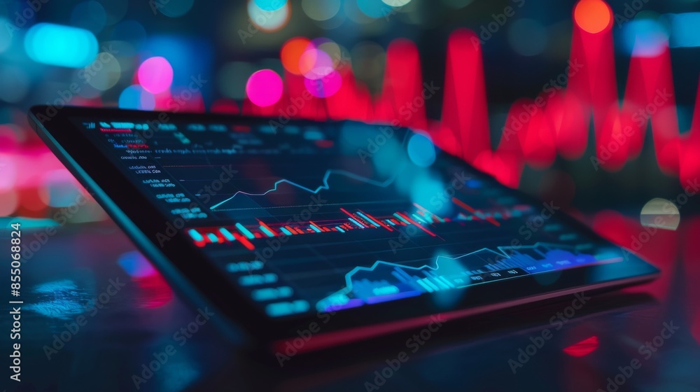 Poster A digital tablet displaying real-time stock market data and candlestick charts