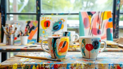 Fototapeta premium Hand Painted Mugs in Artistic Studio.