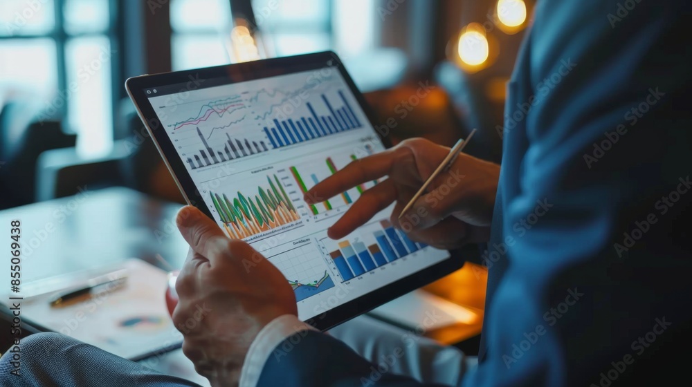 Poster A financial advisor explaining a growth chart to a client, using a tablet with interactive financial graphs