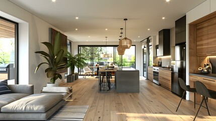 An open concept living space with a large kitchen island and a dining area