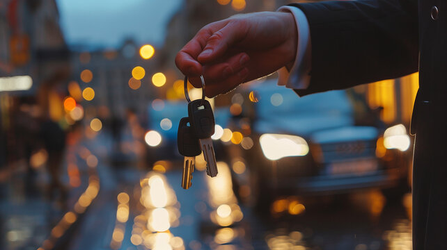 Keys are handed over, sober. Car keys are handed to a valet to park a vehicle. A close up view of a hand holding the keys to a luxury vehicle - evening, shallow depth of field, dramatic light. 