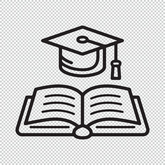 Simple graduation hat and book logo or icon, black vector illustration on transparent background