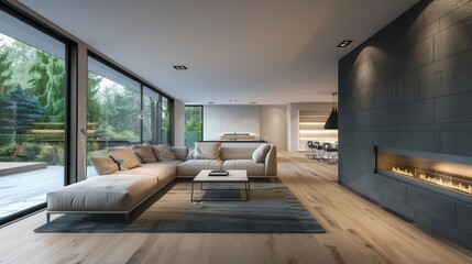 Naklejka premium cozy modern home interior with wooden floor and fireplace 3d render