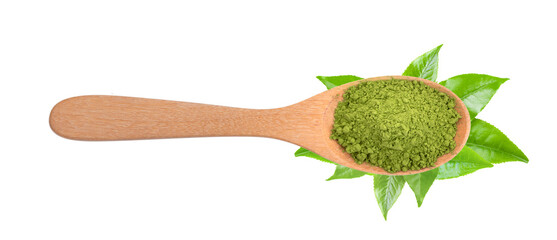 matcha green tea powder in wood spoon with leaves on transparent png