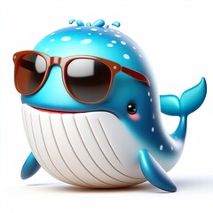  3D cartoon of a Happy Whale fish wearing sunglasses, full body isolated white background