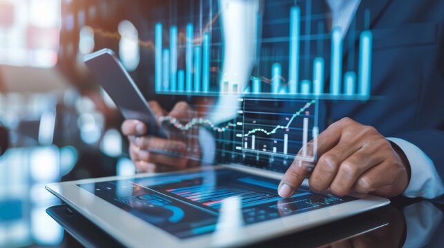 A financial planner presenting investment options to clients, using charts and graphs on a tablet