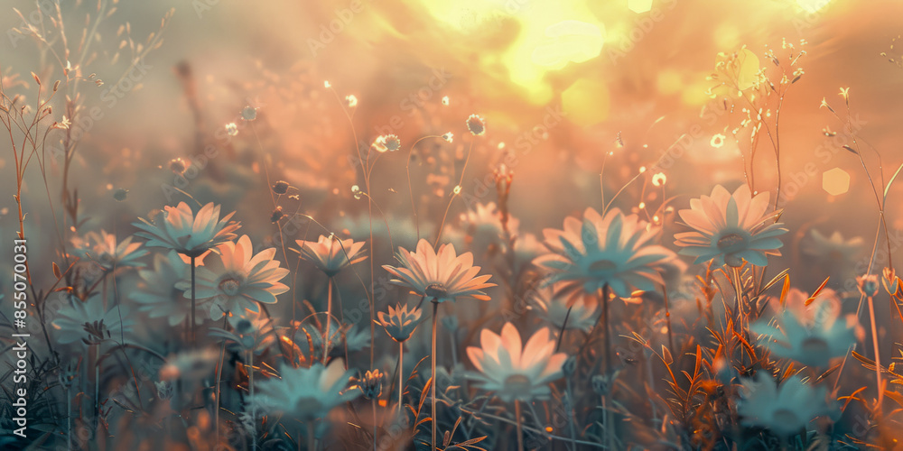 Canvas Prints a field of white flowers with a bright sun in the background