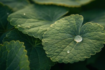 Close-up of green leaves with dew drops, hyperrealistic style