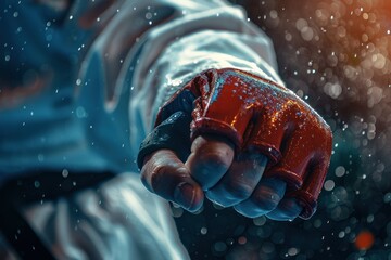A hand with a red glove is shown in a blurry image. The hand is raised in a fist, and the glove is wet. The image has a moody and dramatic feel