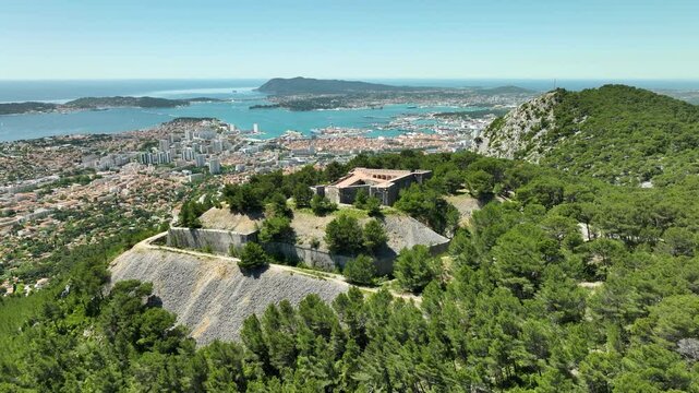 Aerial Orbit Fort Faron in Toulon, South of France - Sunny Day