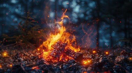 crackling campfire with glowing embers and wisps of smoke realistic 3d render