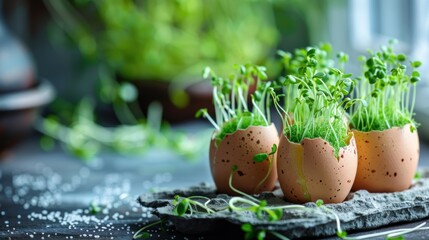 Microgreens in the eggshells, spring and easter concept