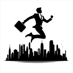 Businessmen running, jumping for success in formal suits, with briefcases, and front, and side views. Businessmen jumping and falling in the air, Monochrome black vector illustrations