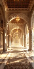 Fototapeta premium A long hallway with marble floor and arched ceiling