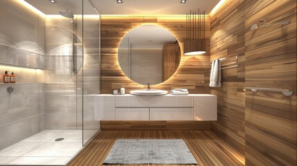 3D rendering,Clean modern residential bathroom and toilet design, which is equipped with washstand, toilet and shower equipment