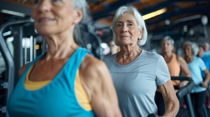 Fototapeta premium Group of seniors in gym with young trainer doing cardio work out.