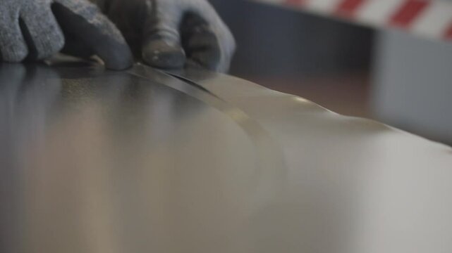 Factory worker handles bendy flexible thin cut aluminium metal sheets